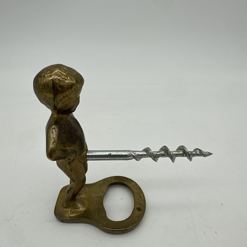Vintage Brass Nude Boy Figure Corkscrew Wine Opener Bottle Opener Bar EUC 3"
